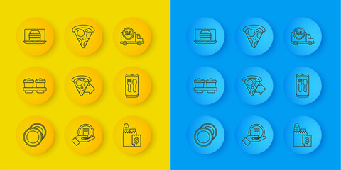 Set line Plate, Coffee cup to go, Online ordering pizza delivery, and, burger, Fast by car and Slice icon. Vector