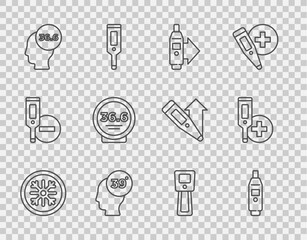 Set line Snowflake, Digital thermometer, High human body temperature, Medical, and icon. Vector