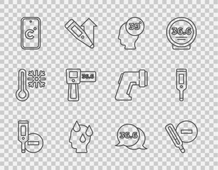 Set line Digital thermometer, Medical, High human body temperature, Celsius, and icon. Vector