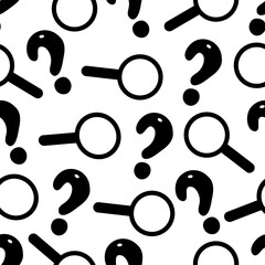 Mystery seamless pattern with question mark and magnifying glass. Sign, quiz, background.