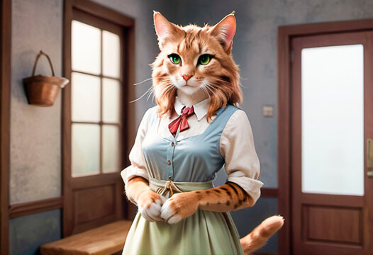 beautiful red cat in a dress, housewife, coziness concept. fantasy role of a person. calendar