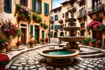 Fototapeta premium A traditional village square, featuring a charming fountain surrounded by historic buildings with flower-filled balconies.