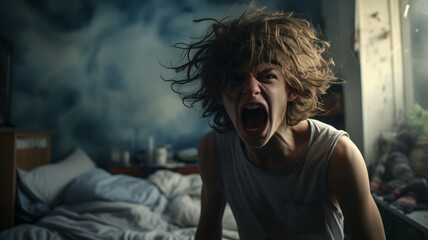 Angry teenager in his room, adolescent period concept, ai generated