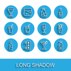 Set line Champagne bottle, Street signboard with Bar, Wine glass, Martini, Alcohol drink Rum, Cocktail, and Glass of champagne icon. Vector