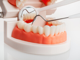 medical instrument mirror and probe for examinations, prevention of dental diseases, dentist examination, isolated on white background