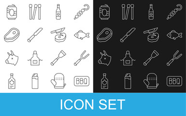 Set line Barbecue, fork, Fish, Beer bottle, Bread knife, Steak meat, Soda can and and icon. Vector