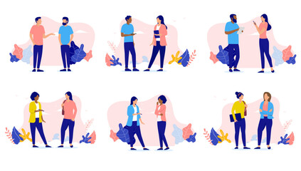 Fototapeta na wymiar People talking together collection - Set of illustrations with professional characters having dialogue and conversation face to face standing in casual clothes. Flat design with white background