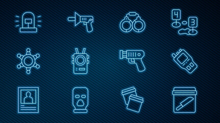 Set line Evidence bag with knife, Walkie talkie, Handcuffs, Police body camera, Hexagram sheriff, Flasher siren, electric shocker and megaphone icon. Vector