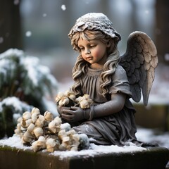 Beautiful Stone Christmas angel in a snowy setting holding Lilly flowers, generative ai 