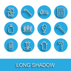 Set line Garden sprayer for fertilizer, Scarecrow, Waterproof rubber boot, Can container milk, Wooden axe, Wheat, pitchfork and Tree with apple icon. Vector