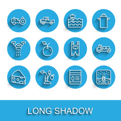 Set line Cheese, Strawberry bush, Tractor, Pack full of seeds of plant, Automatic irrigation sprinklers, Apple, Pickup truck and Garden worker clothes icon. Vector