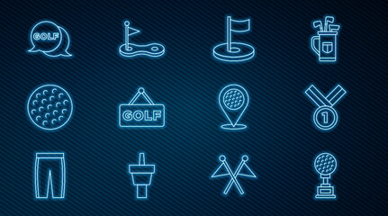 Set line Award cup with golf, Medal, Golf hole flag, label, ball, Location sport club and icon. Vector