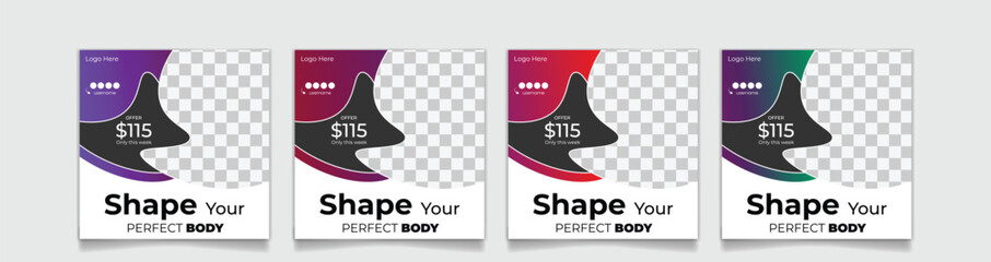 Gym, Yoga, Sports Social Media Post square banner and Web Banner Template Collection with Unique Style