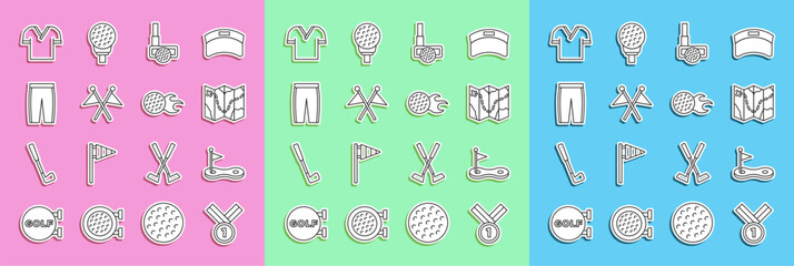 Set line Medal golf, Golf hole with flag, course layout, club ball, pants, shirt and icon. Vector