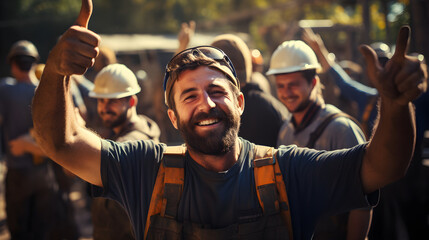 Happy construction worker team working at the construction site, - obrazy, fototapety, plakaty