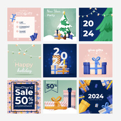 A set of posts for Instagram. New Year's posts with giveaways, gifts, parties, discounts. A set of posts for social networks. Card design for the Internet