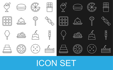 Set line Cherry cheesecake, Candy, Homemade pie, Cake, Waffle, Ice cream in bowl and Lollipop icon. Vector