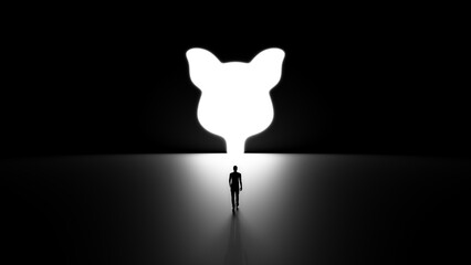3D Silhouette of a Man Walking Into a Pig Shaped Hole in the Wall