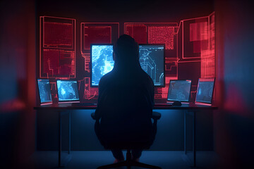 Silhouette of hacker sitting at the table in front of a computer monitor with binary code on the screen