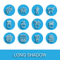 Set line Flower in vase, Pack full of seeds of plant, Tropical leaves, Plant pot, Indoor ivy, Seeds bowl, Exotic tropical and icon. Vector