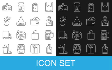 Set line Bottle for cleaning agent, POS terminal with credit card, Seller, Shopping list, Hanging sign Closed, Supermarket food products price label, Identification badge and Wallet money icon. Vector