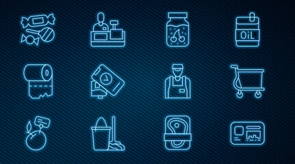 Set line Identification badge, Shopping cart, Jam jar, POS terminal, Toilet paper roll, Candy, Seller and Cashier cash register icon. Vector