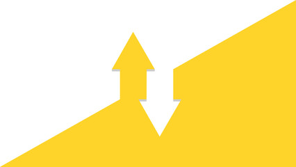 Two arrows in opposite directions, one going up and one going down. Yellow and white background. - obrazy, fototapety, plakaty