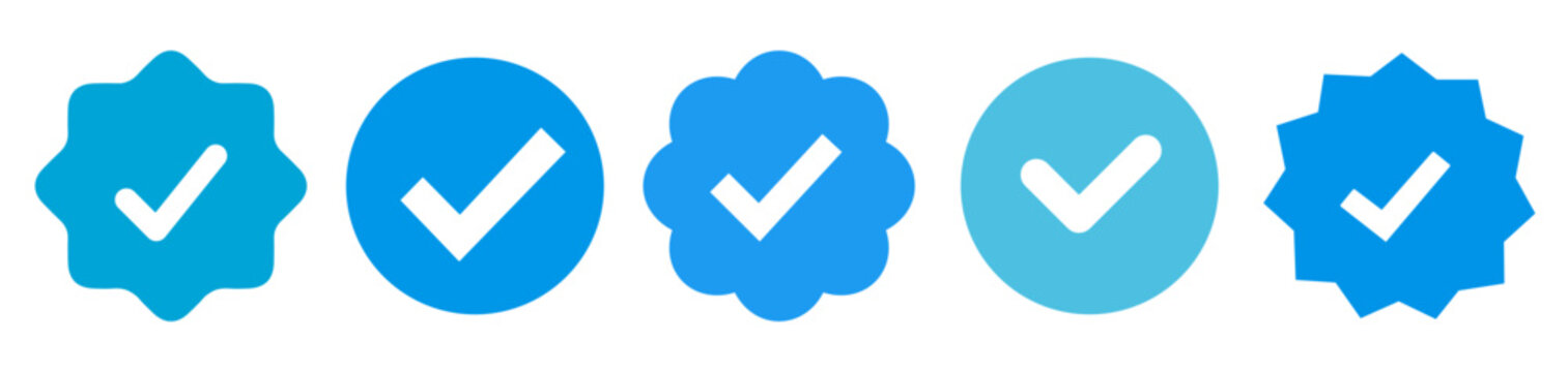 Instagram, Facebook, Twitter, Tiktok, Telegram set verified profile badges. Blue check mark verified account icons. Account verification icon. Guaranteed safety person sign. Approved tick profile