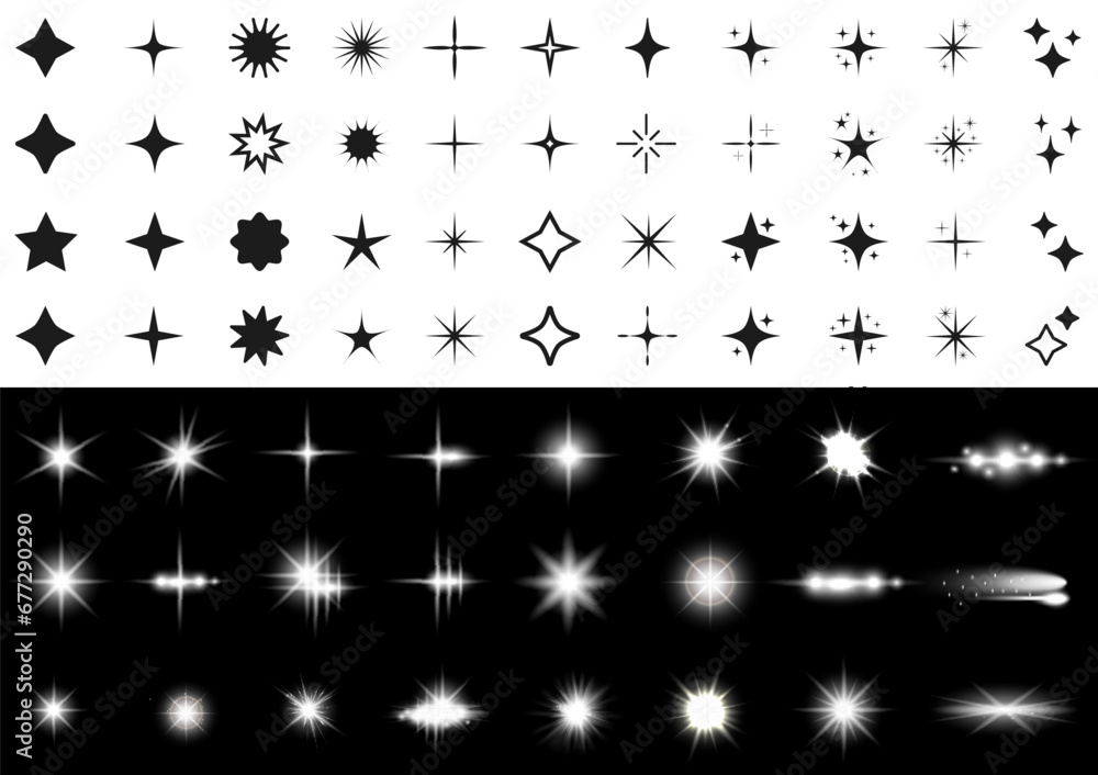 Wall mural stars set icons, different sparkle star shapes icon collection, shine bright stars sparkles signs, o