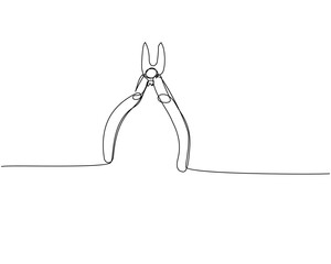 Construction wire cutters, pliers, vise grip, swagers one line art. Continuous line drawing of repair, professional, hand, people, concept, support, maintenance.