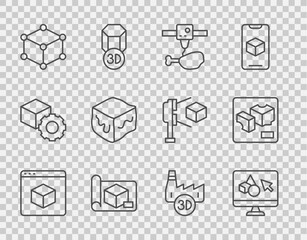Set line 3D printer, software, chicken leg, Graphing paper for engineering, Isometric cube, Printing house industry and icon. Vector