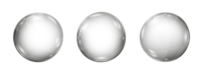 Big translucent gray 3D crystal magic sphere with glares. Glass transparent ball set, water droplets isolated – stock vector