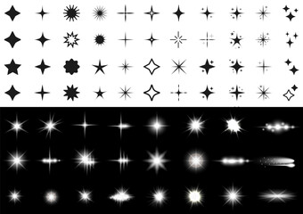 Stars set icons, different sparkle star shapes icon collection, shine bright stars sparkles signs, optical lens glowing flashlight effect, light effect, light flare, white sparkles shine light effect