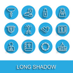 Set line Hands in praying position, Holy bible book, Christian cross chain, Crown of thorns, Church building, Online church pastor preaching and Dove icon. Vector