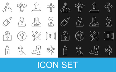 Set line Christian cross, Online church pastor preaching, Jesus, Grave with, Priest, Holy water bottle, Church tower and Knight crusader icon. Vector