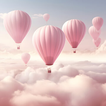 Romantic minimal pattern. pastel pink balloons with a basket in the sky