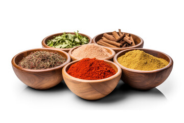 various Indian spices and seasonings on wooden plates isolated over a transparent, png file