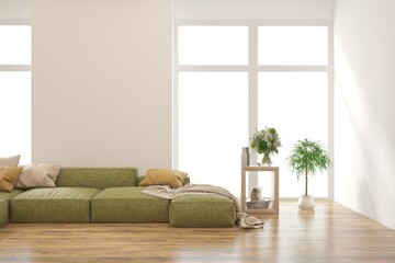 White scandinavian interior design with sofa. 3D illustration