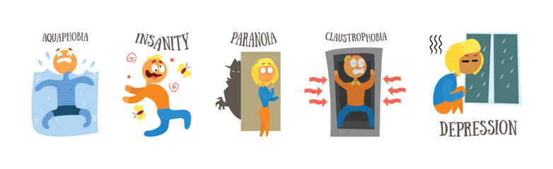 People Fear and Phobias Scared and Afraid of Different Thing Vector Set