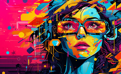 Vibrant Pop Art style that showcases woman at the world of blockchain and cryptocurrencies and NFT.