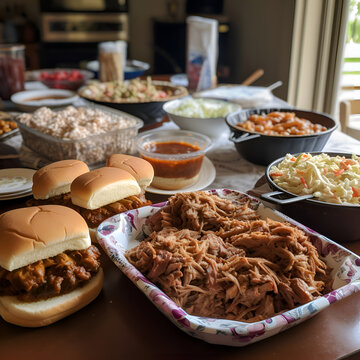 Homemade pulled pork bbq with coleslaw and salad