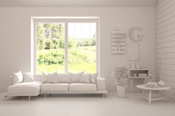 Modern interior concept with sofa and summer landscape in window. 3D illustration