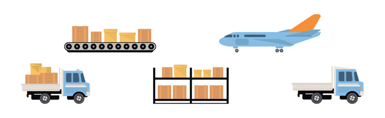 Order Delivery and Logistics with Parcel and Transport Vector Set