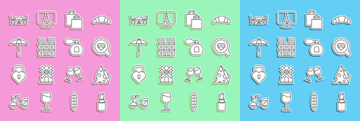 Set line Lipstick, Cheese, Coffee cup, Paper shopping bag, Notre Dame de Paris, Umbrella for beach, French cafe and Perfume icon. Vector