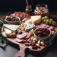 Antipasto board with salami. cheese and nuts on dark background