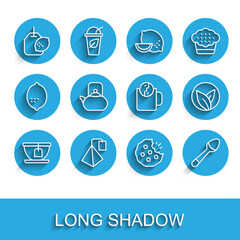 Set line Cup with tea bag, Tea, lemon, Cookie or biscuit, Teaspoon, Kettle handle, leaf and time icon. Vector