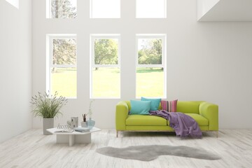 Bright interior design with modern furniture and summer landscape in window. 3D illustration