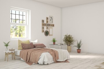 White bedroom concept. Scandinavian interior design. 3D illustration