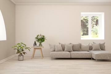 White living room with sofa. Scandinavian interior design. 3D illustration