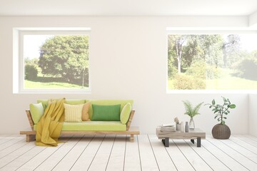 Bright interior design with modern furniture and summer landscape in window. 3D illustration